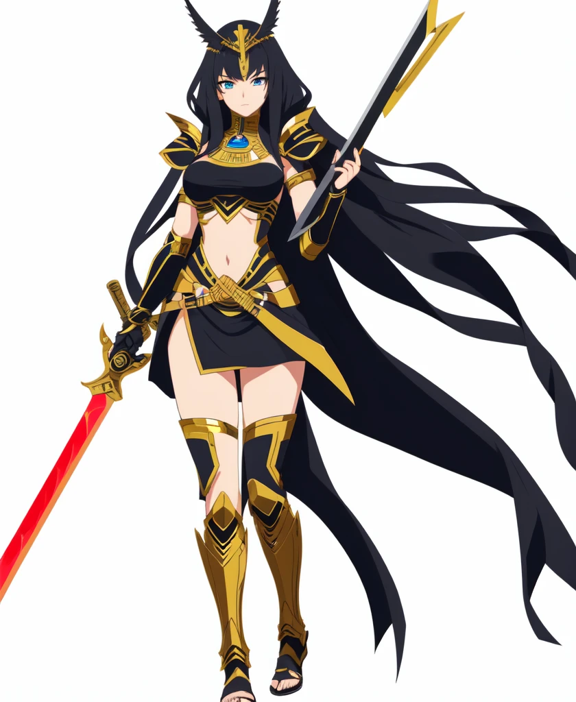 Anime character design of a woman with a sword and armor,  Anime Goddess, Egyptian assassin&#39;s clothes, Holding two swords, Clear clothing design, keqing from t, Adaptable personality, Anime character design,Exotic dancers