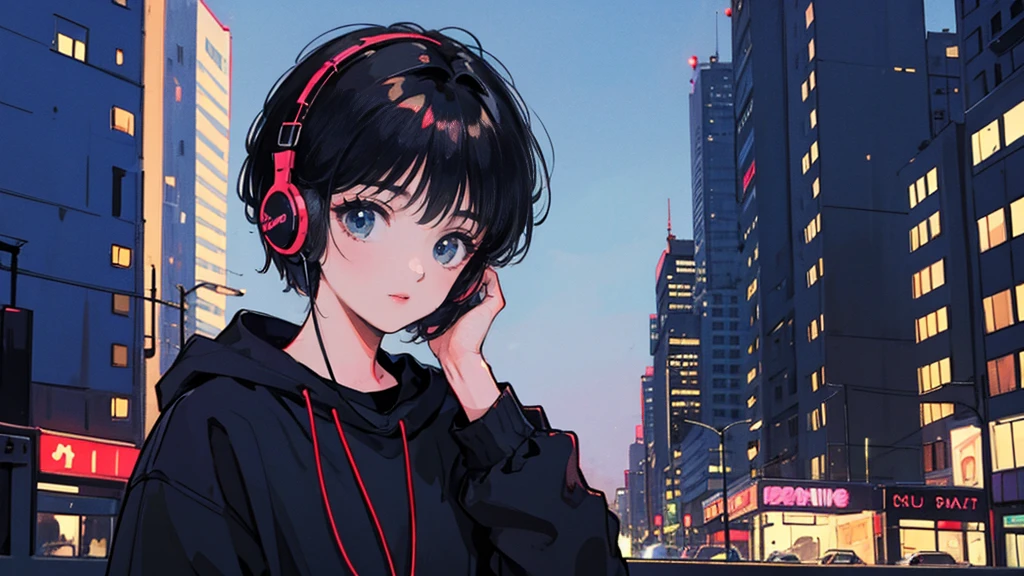 Black short Hair, Black Clothing, One Adult Woman ,Blue headphones、 City、Delicate background、Masterpiece、night、dark、Nostalgic、壁