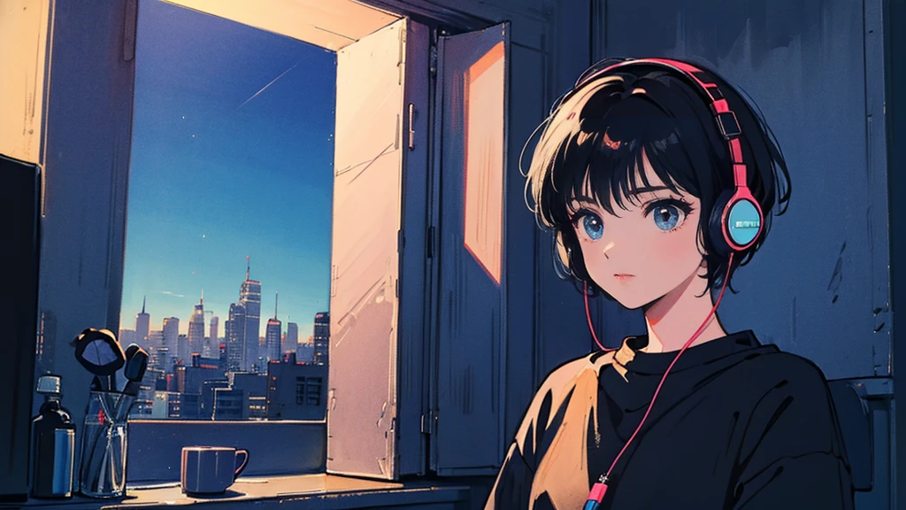 Black short Hair, Black Clothing, One Adult Woman ,Blue headphones、 City、Delicate background、Masterpiece、night、dark、Nostalgic、壁