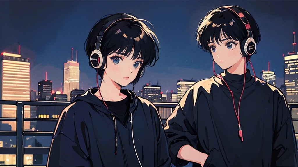 Black short Hair, Black Clothing, One Adult Woman ,Blue headphones、 City、Delicate background、Masterpiece、night、dark、Nostalgic、壁
