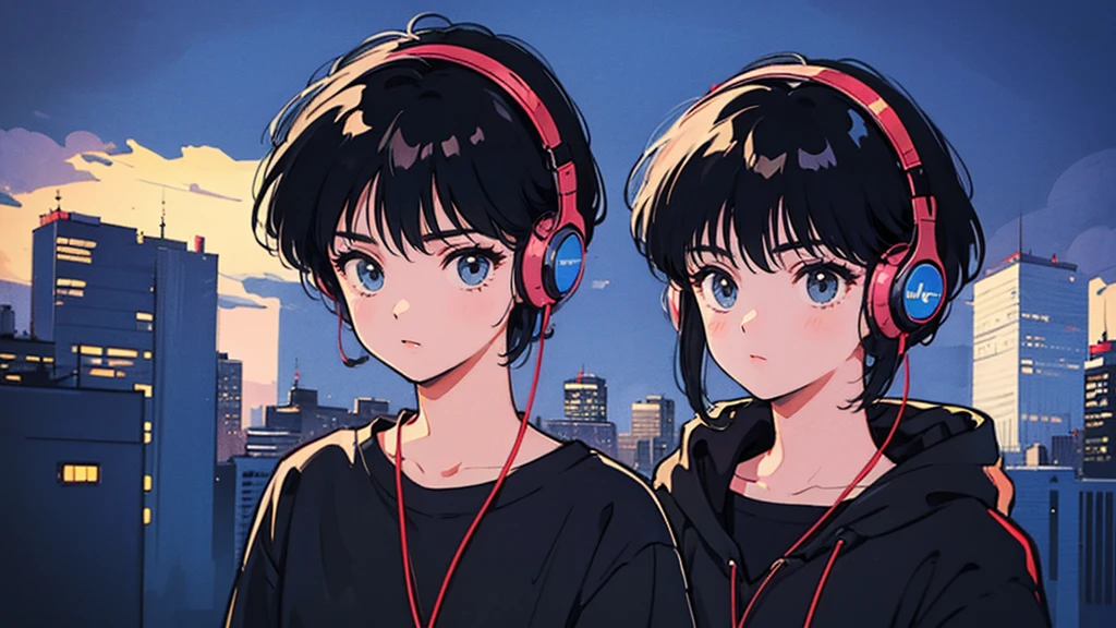 Black short Hair, Black Clothing, One Adult Woman ,Blue headphones、 City、Delicate background、Masterpiece、night、dark、Nostalgic、壁