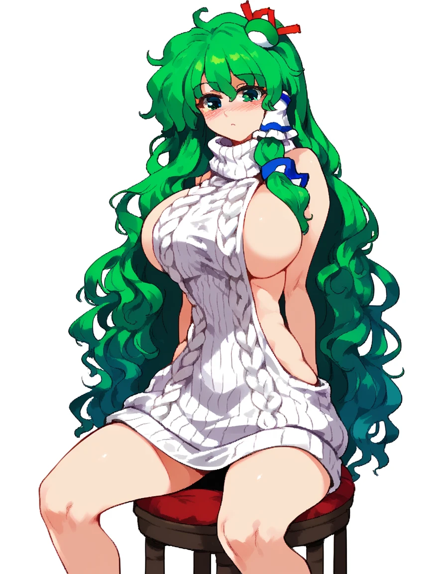 Expressive, score_9, score_8_up, score_9_up, Touhou, masterpiece, high quality, highly detailed, 1girl, kochiya sanae, solo, green hair, long hair, green eyes, long hair, big breasts, blush, round breasts,,,,,, frog hair ornament, hair tubes, snake hair ornament,,,, thin waist, sit on stool, white background,, virgin killer sweater,
