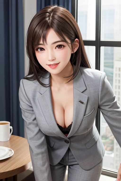 (Highest quality, Tabletop: 1.1), (Realistic: 1.3),Standing by the window of a skyscraper hotel、,Woman in her 20s、Medium chest、Well-proportioned body、Beautiful Face、自然なsmile、Grey tailored jacket,Grey Tailored Pants,Office Suit:1.3) ,( indoor,coffee),(Strong Will,Sexy pose:1.1),Highly detailed face, Fine grain,Red eyes, (Light brown hair, Large Breasts: 1.2), break (Small beautiful hard nipples) Around 18 years old,cute,smile,Face Focus:1.5,Acting like I want to kiss you,shy,blush,Leaning forward,Suggestive,Sensual