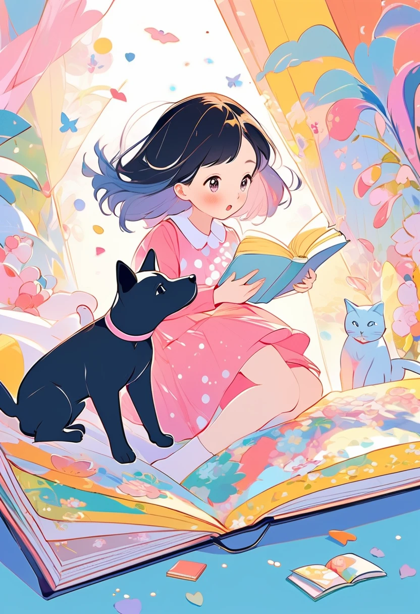 best quality, super fine, 16k, incredibly absurdres, extremely detailed, 2.5D, delicate and dynamic depiction, dog, cat and girl playing together, cute picture book-like illustration style, pastel and vivid color effect