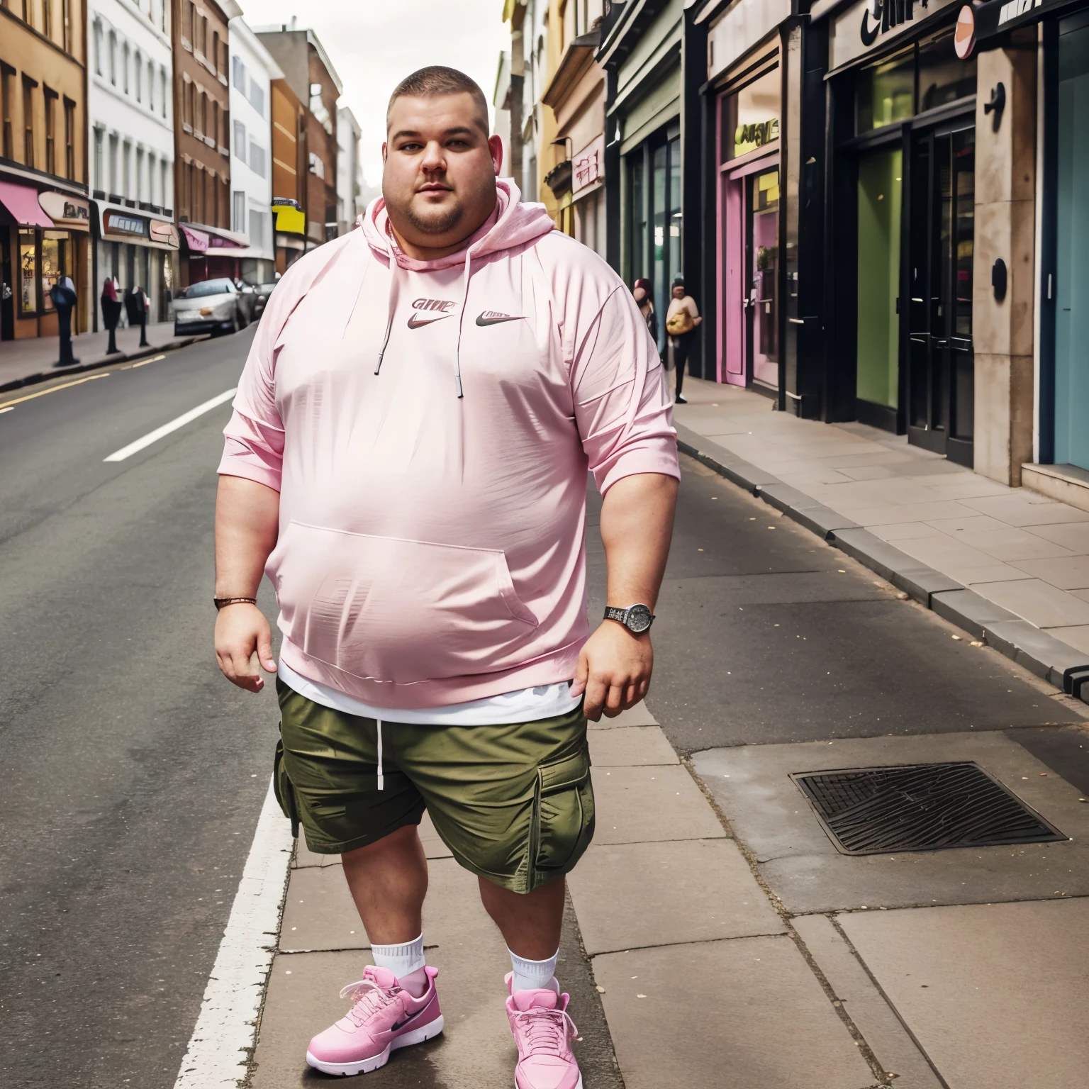 A full body photo in town street, a very fat 300 pound 30-year-old guy Aaron Frew with clean shaved undercut light-pink haircut wearing carhartt pink open hoodies, white Nike t-shirt showing off overhanging belly and full chest ,olive green cargo shorts, white and pink nike dunk sneakers off, pink Nike socks, lots of silver rings, chains, bracelets, brown short undercut hair, sitting on a bench in his pink socks, showing off his pink socks, sneakers off