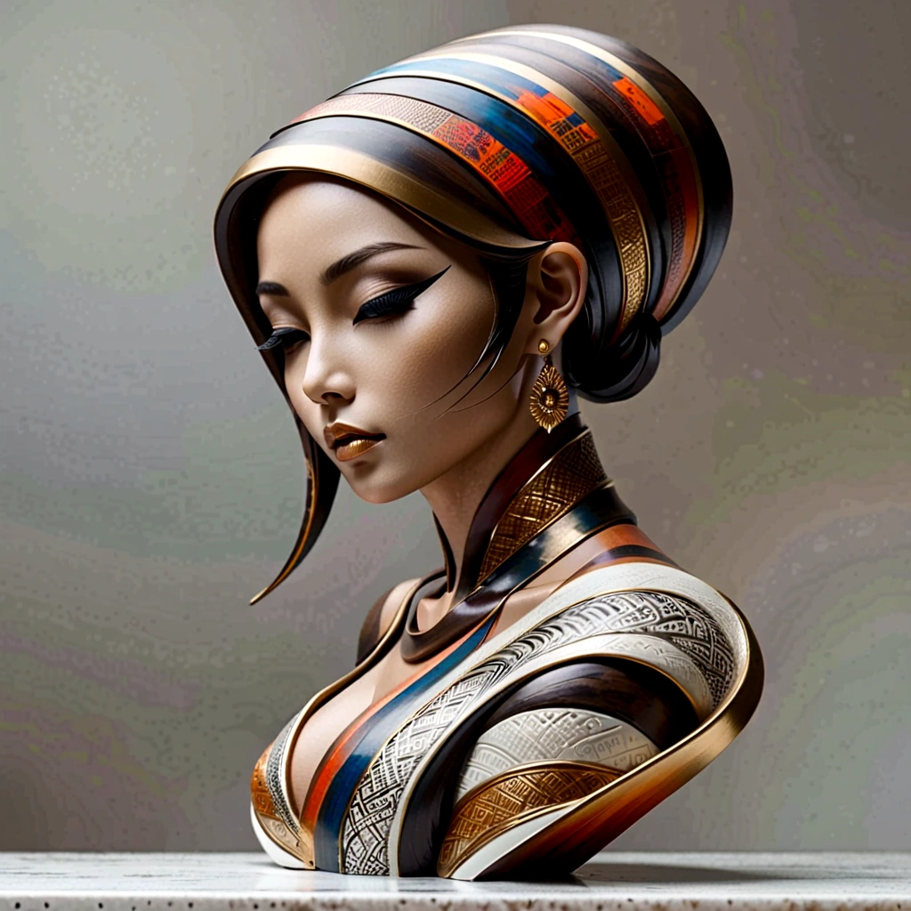 3D sculpture,young asian woman(Thai)half body,abstract art,greatly exaggerated