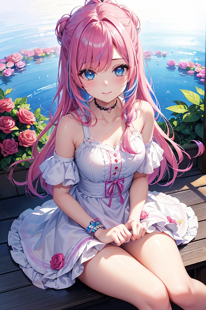 (best quality, 8k, masterpiece:1.2, nsfw ),Cutest,Cute girl,mesugaki,Beautiful face,Beautiful eyes,Beautiful hair, Light pink hair,Lots of colorful flowers,