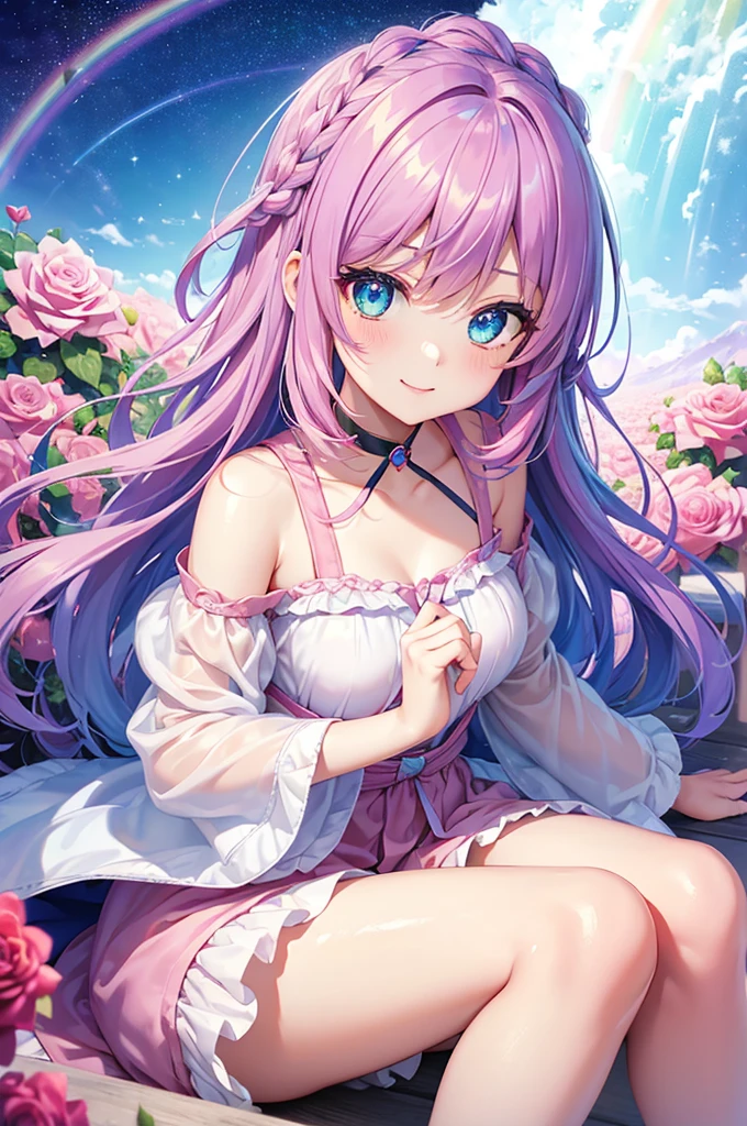((Highest quality, Tabletop)), ((Style - Swirl Magic):0.75)
One Girl,(((masterpiece)))、((超detailedな、Highest quality、High resolution、Cinema Lighting))、whole body、From above、whole bodyショット (1 girl)(Rainbow Hair、Colorful Hair、Half Blue、Half pink hair:1.2)(Both sides up)(Green Eyes)、eye shadow、eyeliner、Glowing Eyes、Hyper Detail Eye、Complex eyes、Beautiful Eyes、((Sparkling blue eyes))18-year-old girl、A seductive smile、detailed, Crimson Light, detailed background, Pink rose field, White sundress, Scary Clouds, Light Particles, sitting on roses,((Unusual hairstyle))