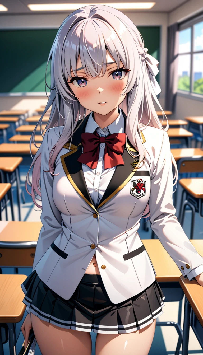 (Masterpiece、Highest quality、Very detailed、4K)、One Woman、Super short skirt、No panties、(((Alice Sakayanagi)))、((Characters from Welcome to the Classroom of the Elite))