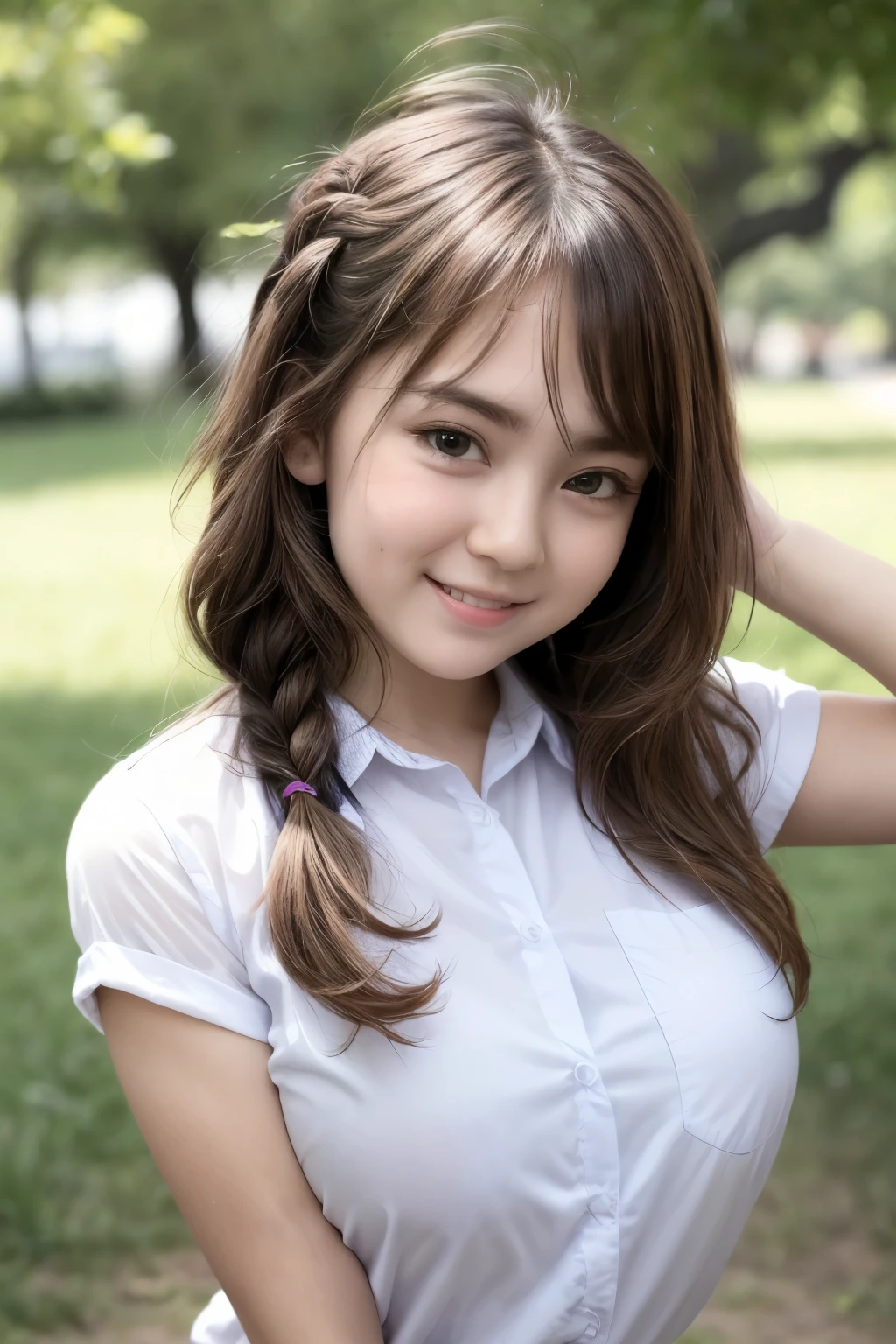 (Upside-Down French Braid Hairstyle), adorable, 1 girl, (face to face), , baby face, hf body portrait, (face details: 1), (eye details:1), ((big breasts)). wearing transparent transparency long shirt, .. Cute posed. proportional body. Ultra High Res. realistic: 1.4, UHD,