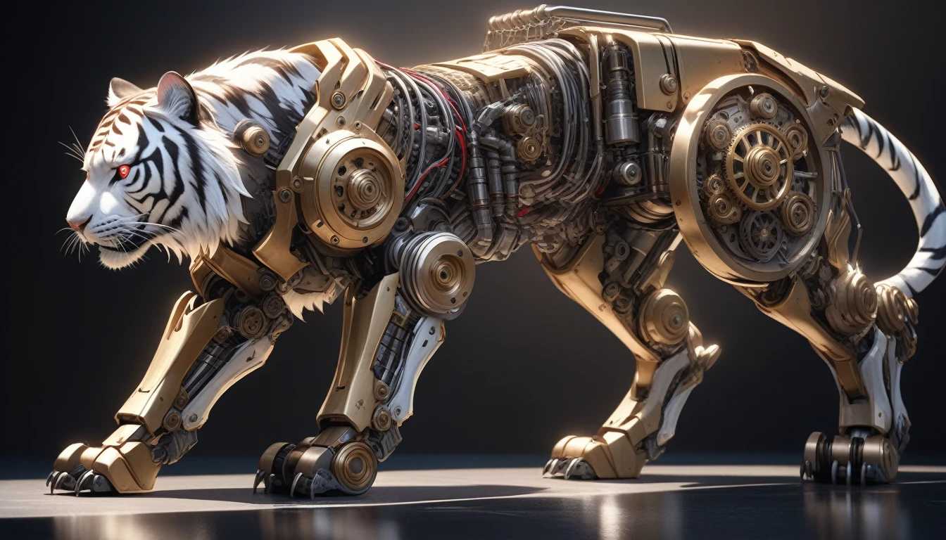 Ultra-realism, ((Masterpiece)), ((Best Quality)), (Very Detailed), ((Very Detailed)), 4K, (8K), very aesthetic, absurdres highres, Ultra-high detailed mechanical tiger robot with realistic metallic textures, chrome, stainless steel, and brass surfaces, exposed precise gears and pistons, intricate and detailed wiring and tubing, robust mechanical armor plates, glowing red eyes, realistic shadows and reflections, detailed surface scratches and wear, body kept low, front legs extended, hind legs on the ground, eyes sharply open, simple studio background.