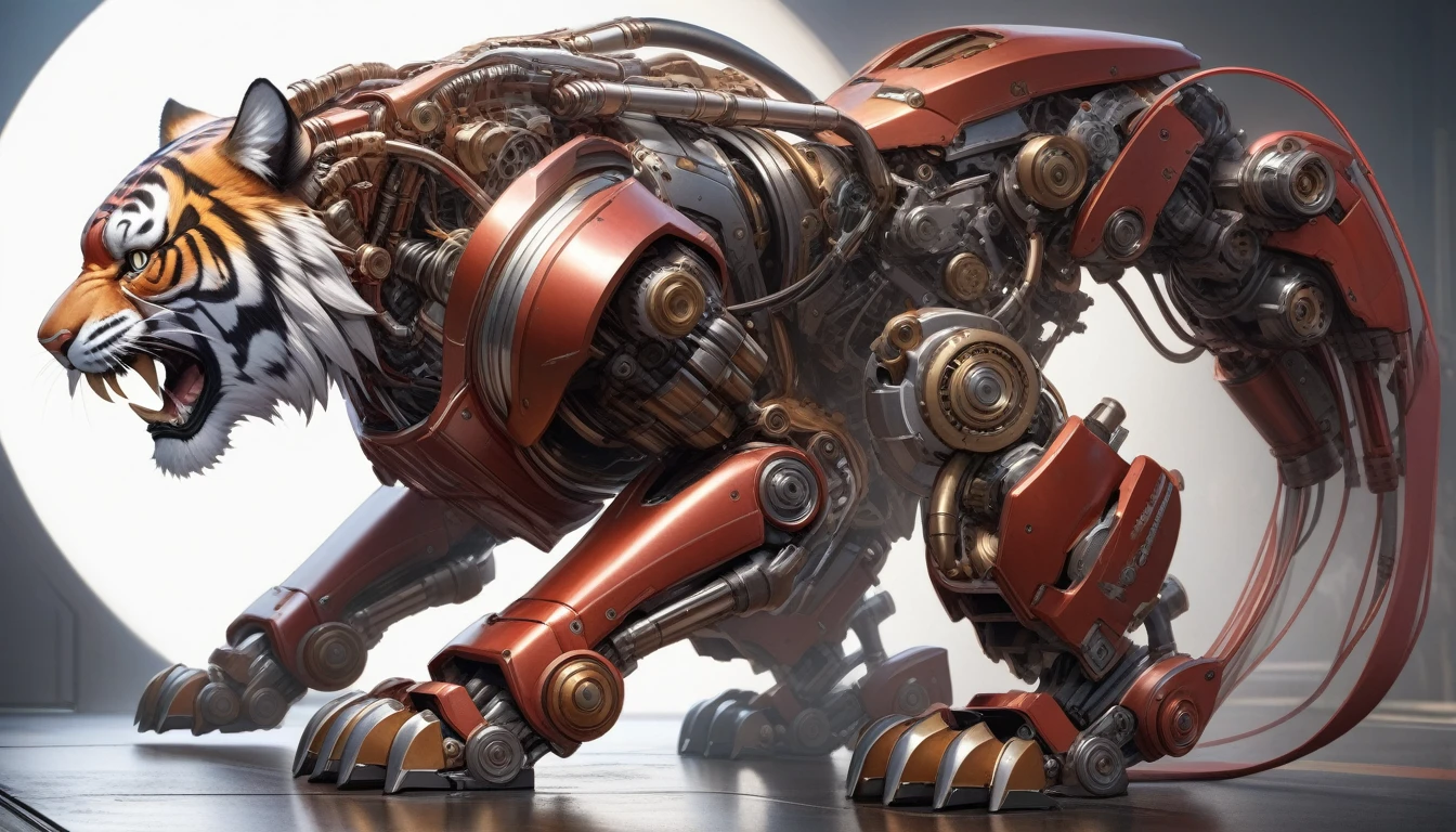 Ultra-realism, ((Masterpiece)), ((Best Quality)), (Very Detailed), ((Very Detailed)), 4K, (8K), very aesthetic, absurdres highres, Ultra-high detailed mechanical tiger robot with realistic metallic textures, chrome, stainless steel, and brass surfaces, exposed precise gears and pistons, intricate and detailed wiring and tubing, robust mechanical armor plates, glowing red eyes, realistic shadows and reflections, detailed surface scratches and wear, body kept low, front legs extended, hind legs on the ground, eyes sharply open, simple studio background.