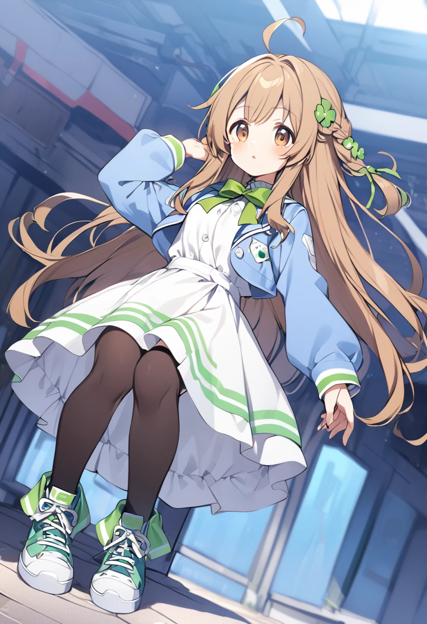 brown eyes,long hair,clover hair ornament,ahoge,blue jacket,white dress, long sleeves,green bow, black thighhighs,sneakers,amamiya mimori, on bed, panties, knees up,