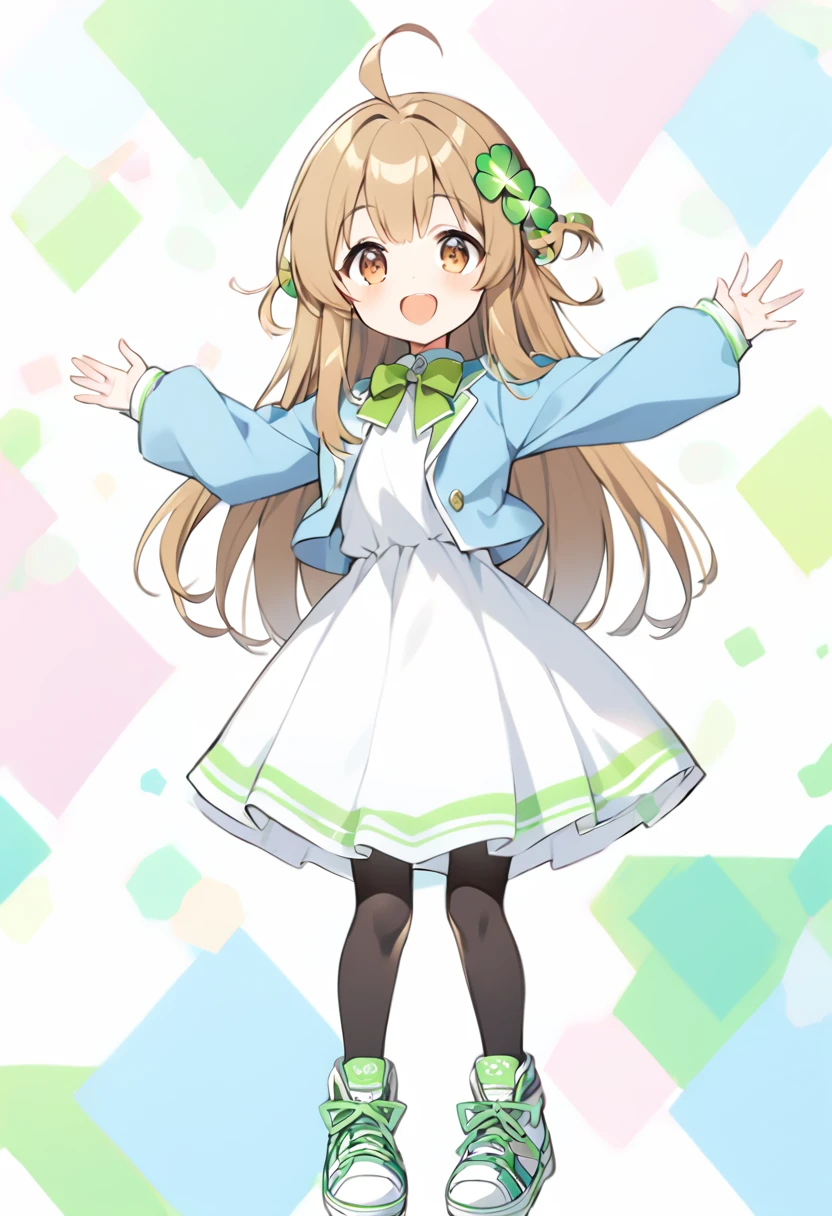 brown eyes,long hair,clover hair ornament,ahoge,blue jacket,white dress, long sleeves,green bow, black thighhighs,sneakers,amamiya mimori,