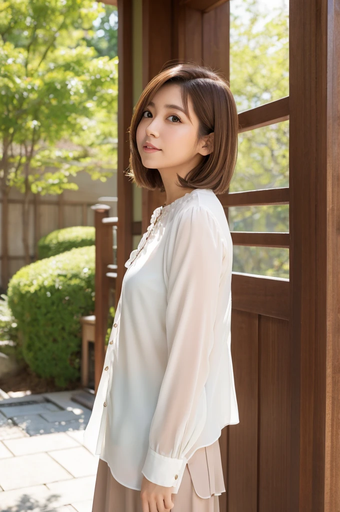japanese modest female,light brown hair,white scallop blouse,large tareme,curvy short hair,