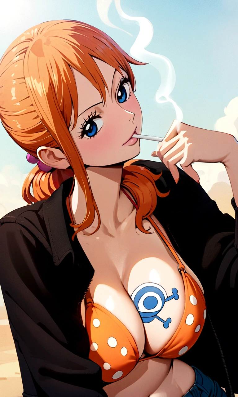 a cartoon picture of a woman in a bikini top and jeans, nami one piece, nami from one piece, nami, beautiful portrait of nami, from one piece, oppai, blue eyes, smoking, ponytail