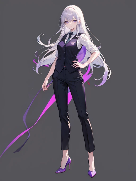 purple,long hair,woman,suit,black vest,Shirt with rolled up sleeves,tie,pants,high heels,,simple background,smile,whole body,full body,full body,Standing picture,vtuber,upright,,Standing upright with face and body facing forward,