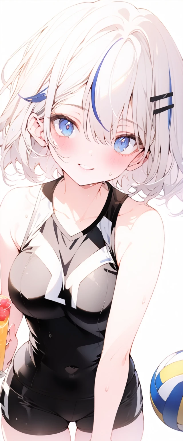  beautiful, masterpiece, Highest quality, anime, One girl, C Cup,Portrait Shot, View your viewers, Covered、Short Hair、nearby、Blue Eyes、art、、White hair,Blue streaked hair、hairpin、Cute smile、Thighs、Cute、Sweat、leather_Volleyball uniform、leather_Shorts、navel、gym、leather_separate、