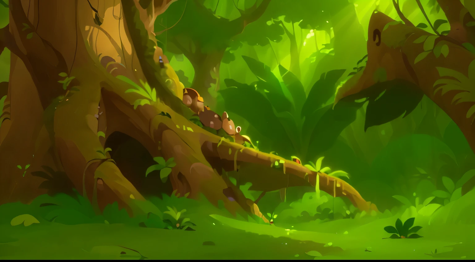 cartoon illustration of a tree in a green forest, stylized game art, stylized concept art, jungle environment, 2d game environment design, background artwork, background jungle, background art, 2d game asset, 2 d game art, 2d game art, environment art, 2d game art background, forest environment, jungle background, lush forest