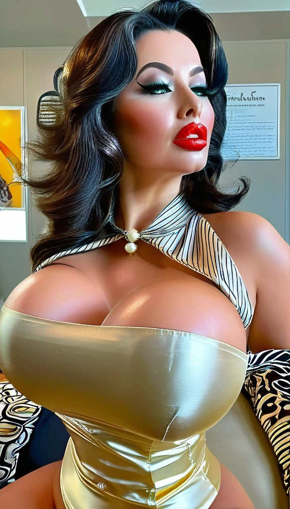 1950s style, Mommy style, Full body, ultra-detailed, realistic style, sexy Caucasian female, at crowded clinic, fully makeup, huge bump lips, fearexpression, extremely huge rounded breasts, extremely thin waist, extremely wide hips, extremely thick thighs, High-neck funnel collar puffball sleeves vinyl silk blouse, satin high waist cigarette pants.