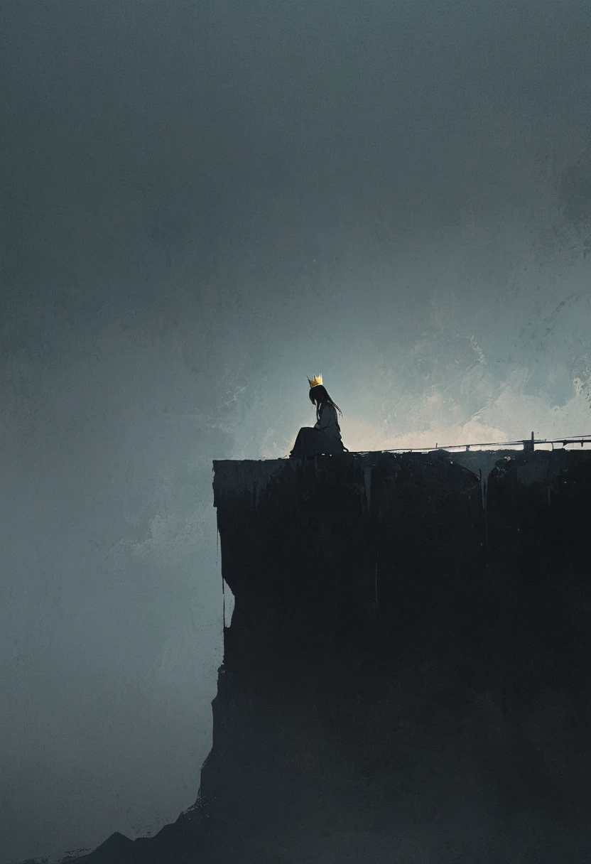 A simple one,Minimalist illustration, girl sitting on the edge of the cliff，A golden crown on his head，loneliness，On the edge of a cliff,bridge