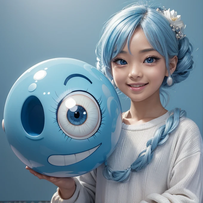 ((Masterpiece)), ((highly detailed)), a body like a ball, a creature, small, two eyes, happy mouth, two hands, light blue skin, without nose, light blue Manga hair style, funny face,