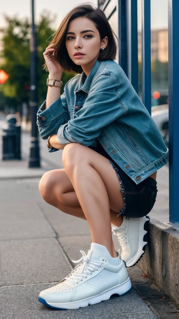 (Highest quality, 8K, 32k, masterpiece, Ultra-high resolution):1.2, Blurred Background, Great photo with beautiful saturation, Ultra-high resolution,(Realistic:1.4)),Deep Shadow,(Highest quality), ultra Realistic,32k,非常に詳細な CG Unity 8K 壁紙, Highest quality, (Detailed face, Perfect Face, Perfect Eyes, Realistic eyes),1 Girl，Trendy clothes，clock，sneakers，Squat down，Hands hang naturally，Street side，(short hair)