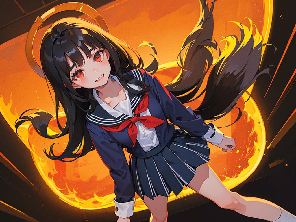 1girl, Standing upright in a classroom in a dark atmosphere at night, (schoolgirl uniform), long black hair, pleated skirt, spooky smile,spooky light, ((wide shot)), (looking at viewer), 18 years old, ((from front shot))