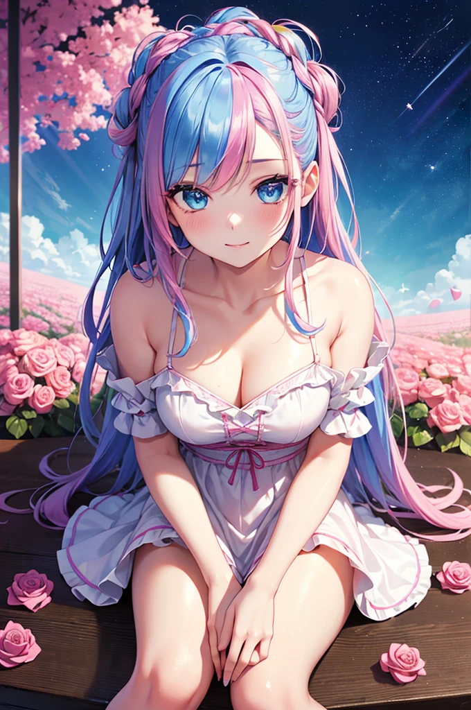 ((Highest quality, Tabletop)), ((Style - Swirl Magic):0.75)
One Girl,(((masterpiece)))、((超detailedな、Highest quality、High resolution、Cinema Lighting))、whole body、From above、whole bodyショット (1 girl)(Rainbow Hair、Colorful Hair、Half Blue、Half pink hair:1.2)(Both sides up)(Green Eyes)、eye shadow、eyeliner、Glowing Eyes、Hyper Detail Eye、Complex eyes、Beautiful Eyes、((Sparkling blue eyes))18-year-old girl、A seductive smile、detailed, Crimson Light, detailed background, Pink rose field, White sundress, Scary Clouds, Light Particles, sitting on roses,((Unusual hairstyle)),Unbelievable hairstyle