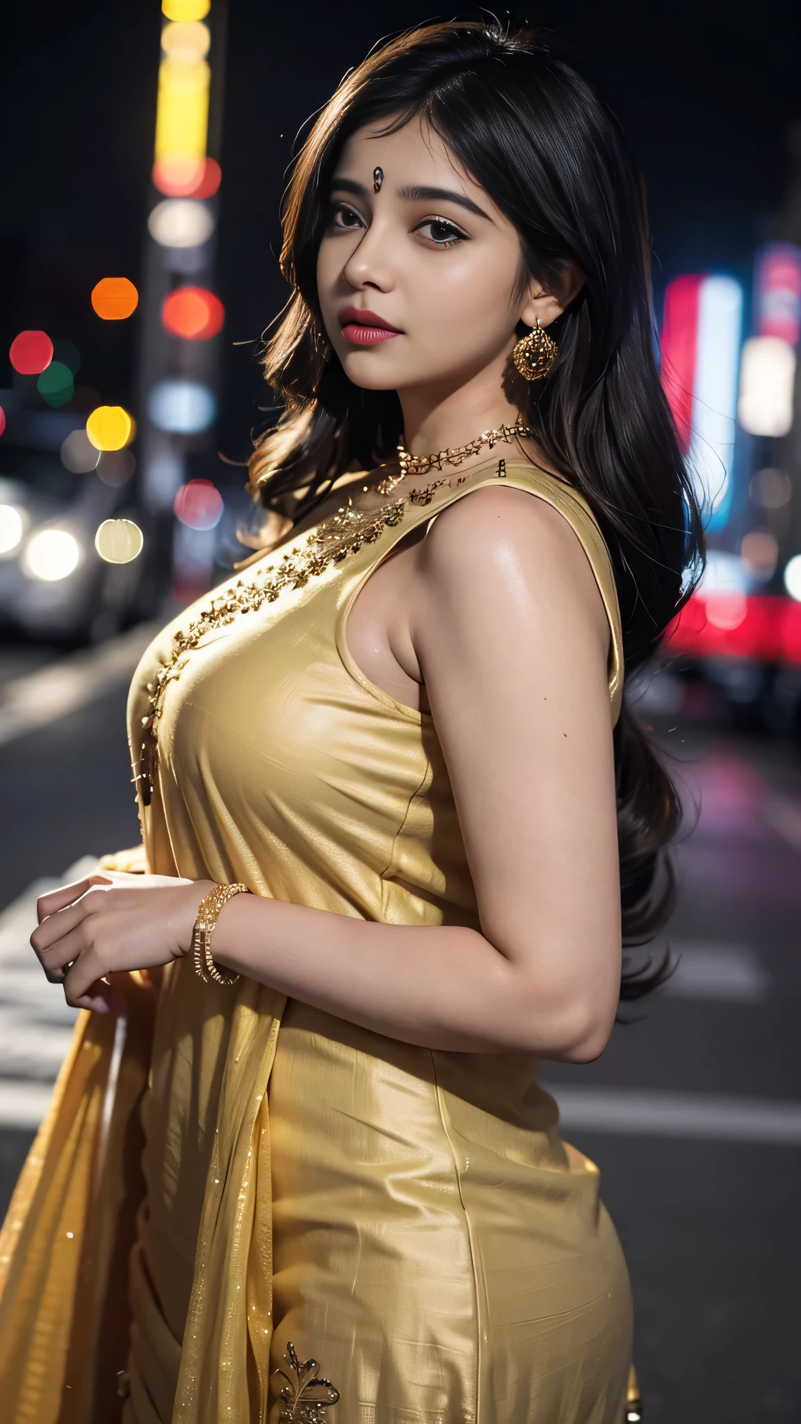 (((desi girl))), chubby face, natural skin, wearing hot deep neck top and dupatta, charming black hair, ((hair ends are blonde)), city streets background, bokeh