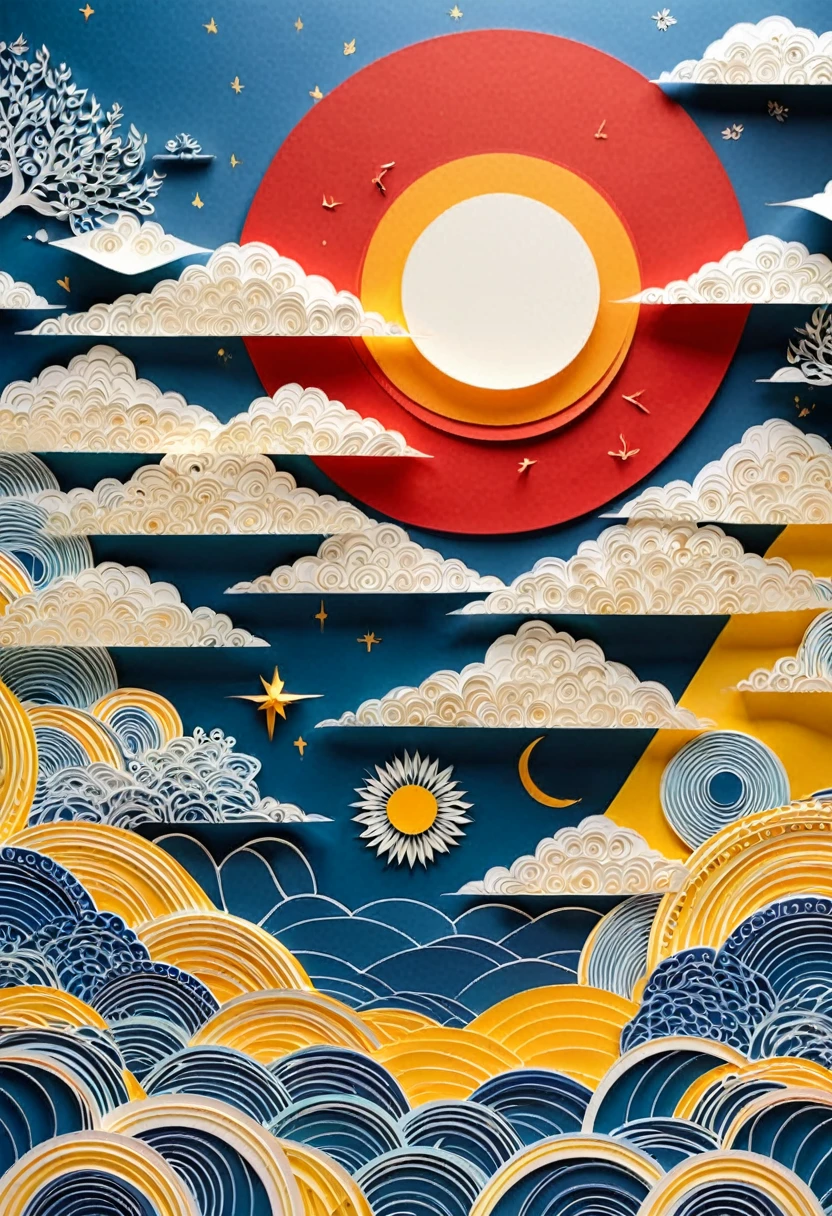 Mesmerizing paper-cut animations come alive on screen，The story of Hou Yi shooting down the sun. Every exquisite detail carefully crafted with paper unfolds before your eyes, Show Hou Yi&#39;s determination. Exquisite paper painting scenes combine bright colors with the ancient art of paper cutting, Immerse them in the fascinating story of the descendants&#39; heroic journey. (((Paper cut art style))), High Detail, high quality, high resolution, Dramatically fascinating