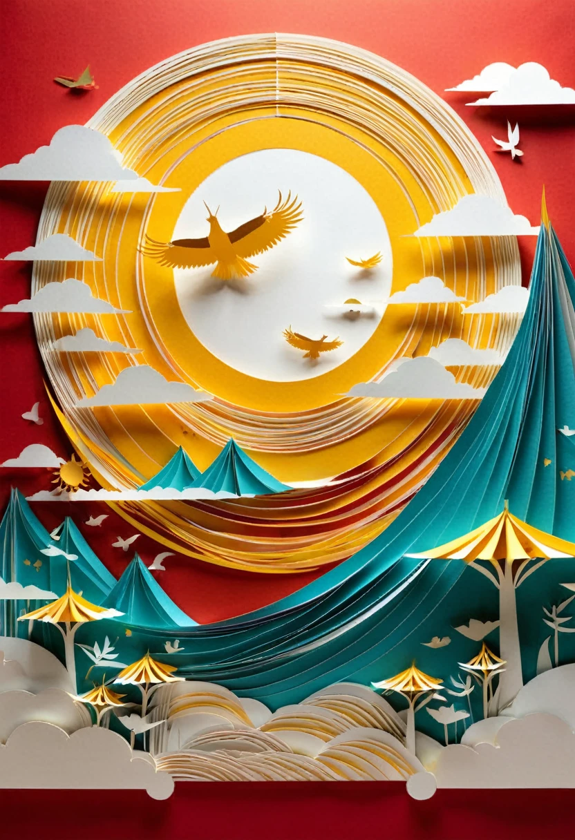 Mesmerizing paper-cut animations come alive on screen，The story of Hou Yi shooting down the sun. Every exquisite detail carefully crafted with paper unfolds before your eyes, Show Hou Yi&#39;s determination. Exquisite paper painting scenes combine bright colors with the ancient art of paper cutting, Immerse them in the fascinating story of the descendants&#39; heroic journey. (((Paper cut art style))), High Detail, high quality, high resolution, Dramatically fascinating