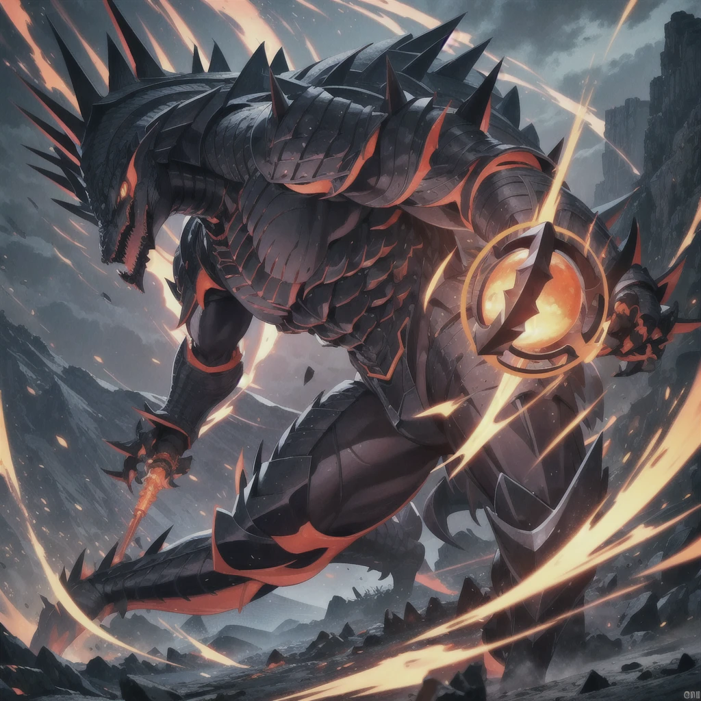 Kaiju form of a man, Masterpiece, Best quality, 8K, Detailed skin texture, obsidian-like plates that overlap like armor reptilian head, obsidian spikes running from the forehead to the back of the neck. Four glowing amber eyes, arms with massive claws and blades, feet have three large, taloned toes, A long, whip-like tail ending in a mace-like cluster of obsidian spike, orange lines and aura in between armor. HD. city background destroyed. ultra HD, masterpiece, 4k, 8k