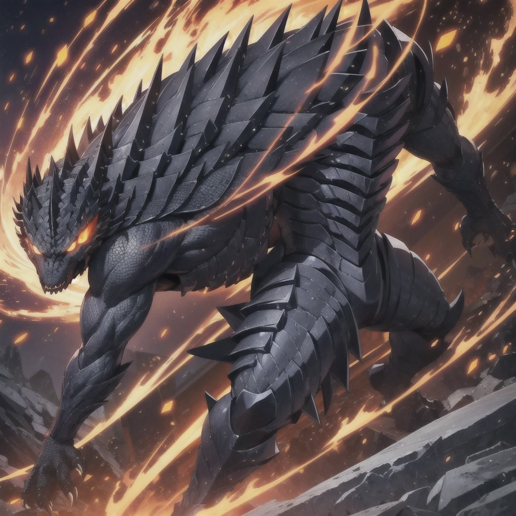 Kaiju form of a man, Masterpiece, Best quality, 8K, Detailed skin texture, obsidian-like plates that overlap like armor reptilian head, obsidian spikes running from the forehead to the back of the neck. Four glowing amber eyes, arms with massive claws and blades, feet have three large, taloned toes, A long, whip-like tail ending in a mace-like cluster of obsidian spike, orange lines and aura in between armor. HD. city background destroyed. ultra HD, masterpiece, 4k, 8k