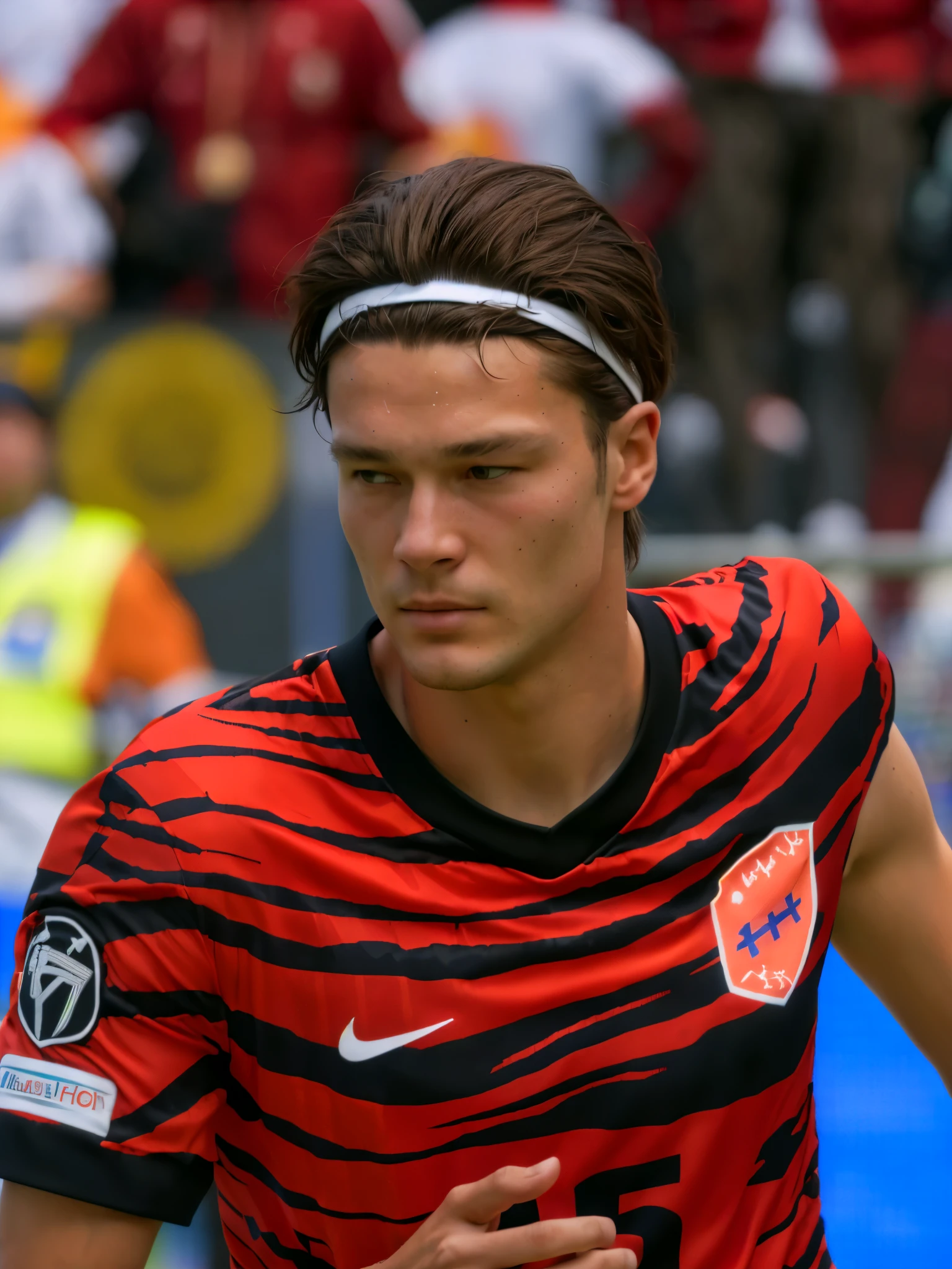 there is a man with a headband on standing in front of a soccer goal, inspired by Jan Asselijn, up close shot shinji aramaki, inspired by Master of the Bambino Vispo, akihiko yoshida 8 k, inspired by Juraj Julije Klović, inspired by Ernő Bánk, in style of kentaro miura