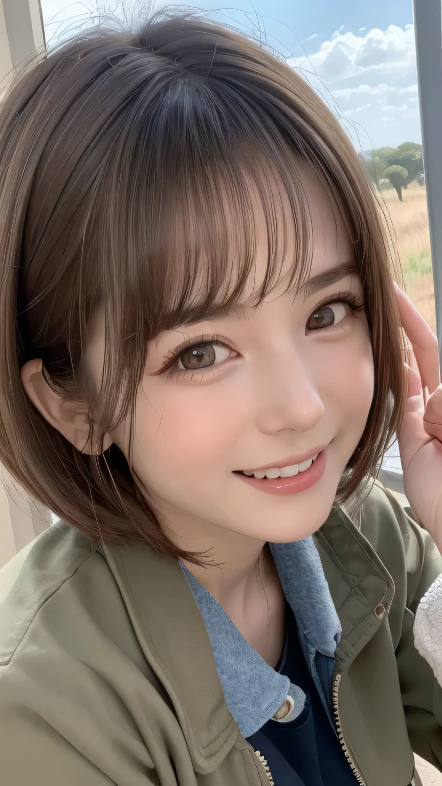 closeup shot , Best picture quality (8K, high resolution, Masterpiece: 1.2), super detailed, 215 Short Hair, 16-year-old woman,
situation: A scene of taking part in a safari tour around the savanna area。
clothing: サファリ風のclothing(cargo pants、Safari Jacket、boots)。
angle:
Close-up: Observing animals through binoculars、Showing giraffes and elephants in detail。
Emotional moment: The excitement of seeing an animal nearby、Emphasize scenes of families finding animals together and enjoying them。
, Close-up of face
, random cute pose ,big eyes ,Puffy eyes , Heart Pupil, blush , huge shy smile , salute