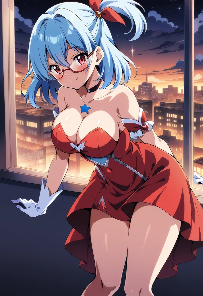 (anime art style), masterpiece, best quality, very aesthetic, absurdres, 1girl, solo, red eyes, light blue hair, medium hair, one side up, bangs, hair between eyes, hair ribbons, red dress, magical girl dress, short sleeves, strapless, choker, white gloves, glasses, white high heels, star symbol on chest, thighs, big breasts, blush, smile, sexy, collarbone, cleavage, ((feet out frame)), ((from front)), window, city, sky, clouds, night, (standing), (looking at viewer:1.0)