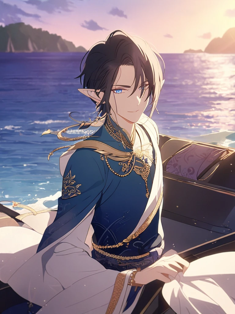 1man, royal, elven, black hair, short hairstyle, glowing blue eyes, sea, elegant, traditional thai costume,