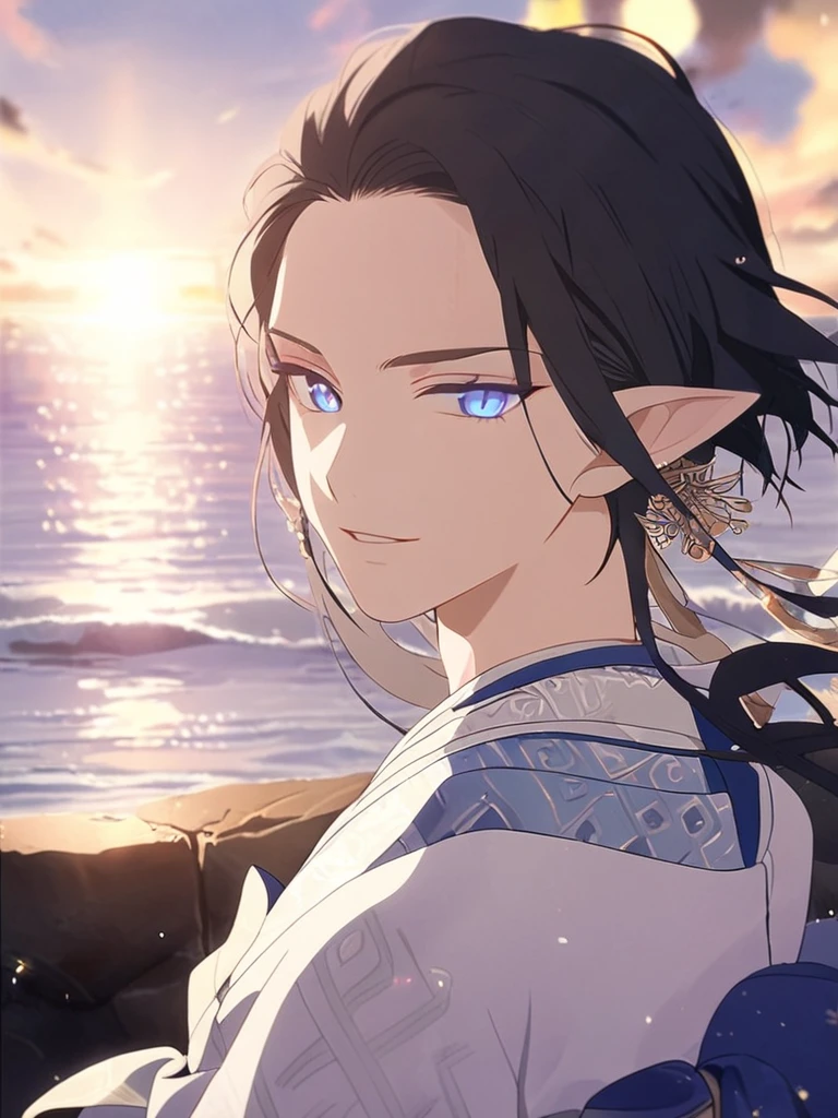 1man, royal, elven, black hair, short hairstyle, glowing blue eyes, sea, elegant, traditional thai costume,