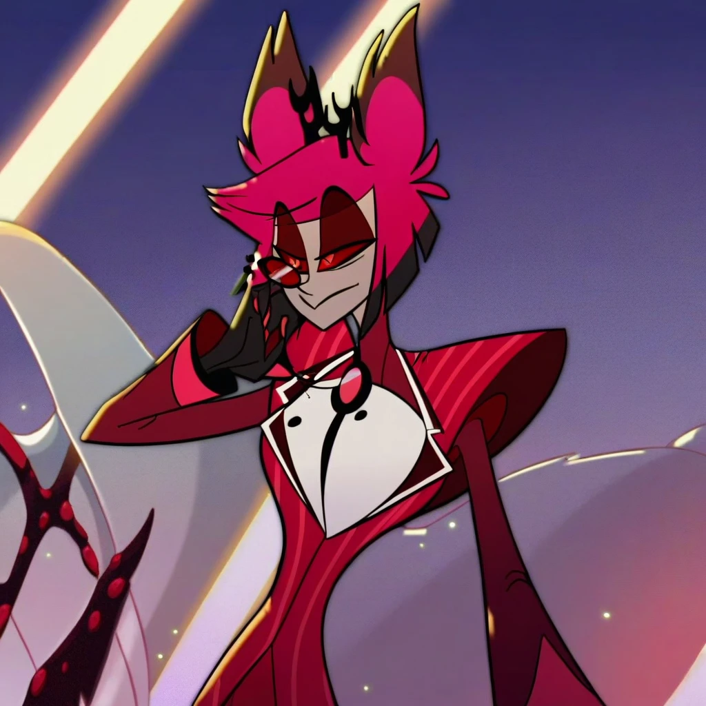 alastor, solo, 1girl, standing, (huge breasts:1.5), grey skin, red suit, monocle, BREAK score_9, score_8_up, score_7_up, score_6_up, screencap,