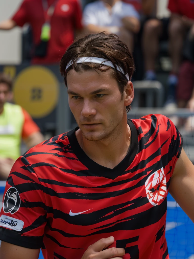 there is a man in a red and black shirt playing tennis, wearing the number 1 headband, inspired by Jan Asselijn, inspired by Juraj Julije Klović, up close shot shinji aramaki, inspired by Sava Šumanović, inspired by Master of the Bambino Vispo, inspired by Slava Raškaj