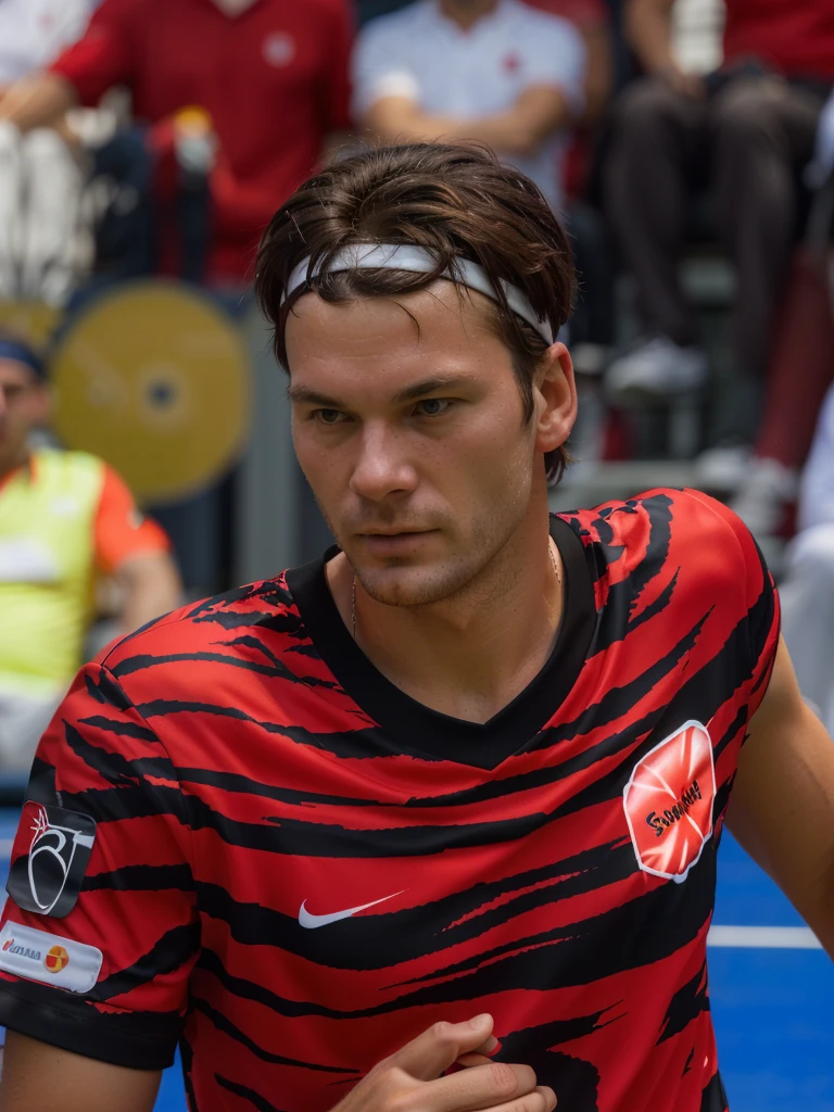 there is a man in a red and black shirt playing tennis, wearing the number 1 headband, inspired by Jan Asselijn, inspired by Juraj Julije Klović, up close shot shinji aramaki, inspired by Sava Šumanović, inspired by Master of the Bambino Vispo, inspired by Slava Raškaj