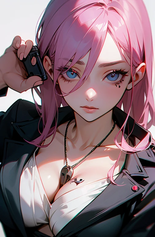 Cool women、sexy、Center of chest、Rize from Chainsaw Man、beauty、Yandere、、Face close-up、Kiss with your eyes closed、Chest tattoo、Hold a gun、Christian Dior Necklace、