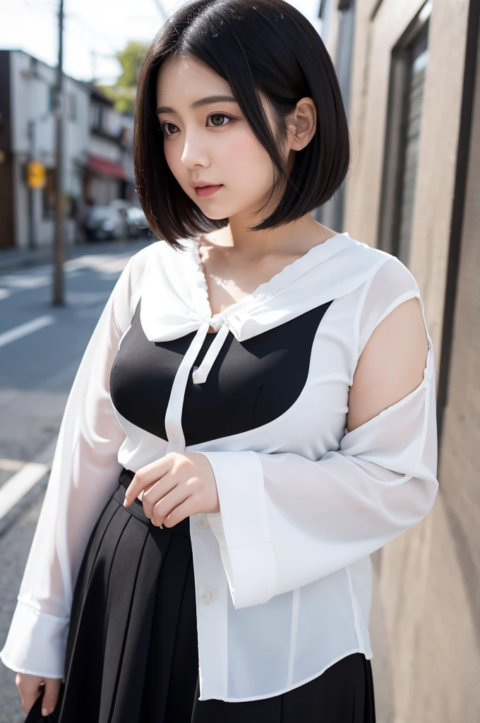 japanese modest female,black hair,white scallop blouse,large tareme,curvy, short hair,face focus