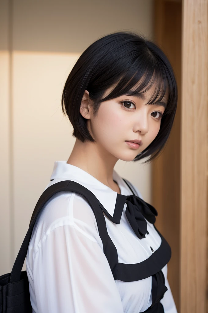 japanese modest female,black hair,white scallop blouse,large tareme,curvy, short hair,face focus