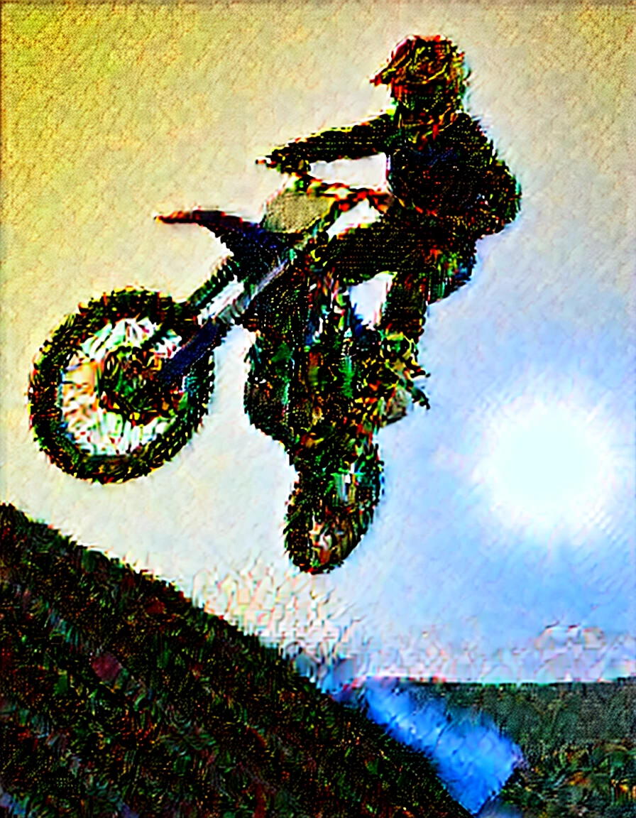 a motocross bike is jumping a hill, open air, picture from below, back-illuminated, 8k ultra HD,dslr,high qualiy,Film grain,ultra HD,dslr,best qualityer,professional photograpy,movie theater,ultra realisitic,open air,câmera movie theatertográfica,dslr,Lens flare,Super-resolution,(16K),ultra HD,realisitic,ultra realisitic,ultra quality,Movie appearance,