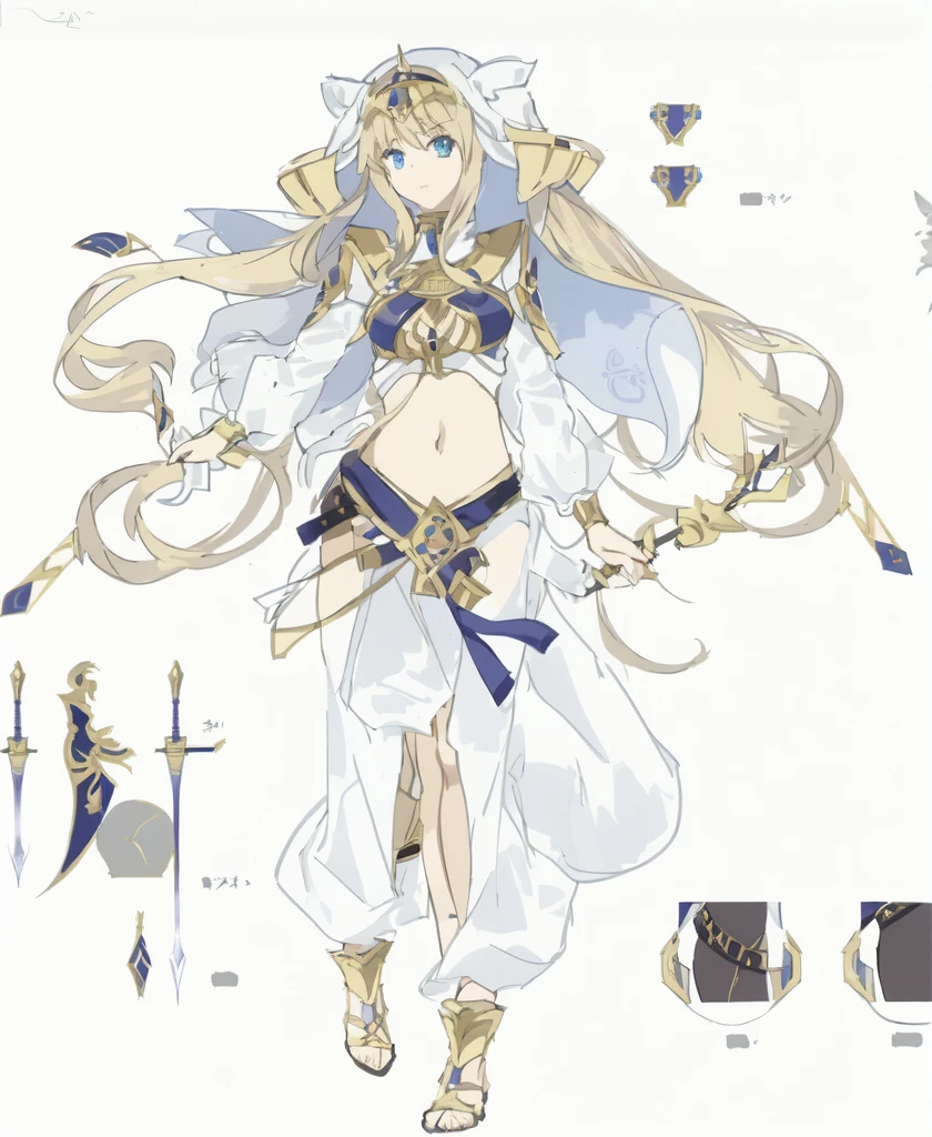 Anime character design of a woman with a sword and armor, Anime Goddess, Egyptian assassin's clothes, Holding two swords, Clear clothing design, keqing from t, Adaptable personality, Anime character design,Exotic dancers,Q version,Other actions