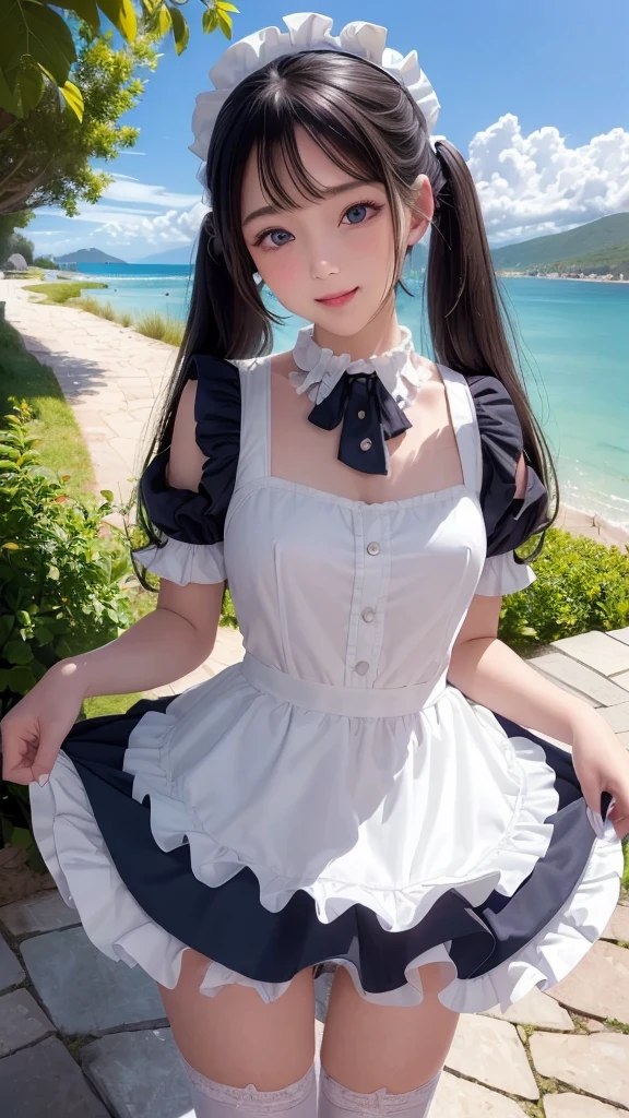 ((masterpiece)), ((highest quality、Ultra high definition)), (Very detailed),8K、Photo quality、((Amazingly cute girl)),( ), Two people, , (Beautiful emerald blue eyes), ((smile)),In the open-air bath overlooking the sea, Beautifully arranged black hair in twin tails、whole body、((Super high-end white see-through summer gothic lolita maid costA super mini skirt with lots of frills))、Professional Lighting、(White lace knee-highore detailed and beautiful)、(More details and cutenesore realistic)、(((ウインクしている)))、