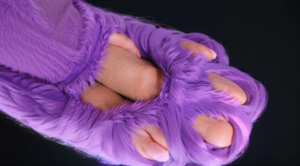 The image shows a close-up of a super fluffy purple paw on a dark background. The paw is furry with pink toes, fluffy paw, violet paw, super fluffy 3d violet cat paw with bright gradient reflections, beeple and jeremiah ketner, adorable digital painting, 3 d icon for mobile game, 3 d littlest pet shop cat, cat cat dreamcats, cat from the void, normal map, cute detailed digital art, cats cat dreamcats, cat. digital painting, cute 3 d render, multiple light sources, rim light, sharp post effects render, (fluffy fur texture with multiple big light probe refractions), perfect cgi, cgi art, smooth silhouette, high intensity refraction, (mesh material), most beautiful vfx, blue background, mesh refractions. It in 4k resolution, allowing viewers to immerse themselves in the richness of the colors and intricate details. The realistic rendering. under the spotlight, reflecting, high-resolution image, realistic rendering, dark background, and rim light photorealistic, The background is black