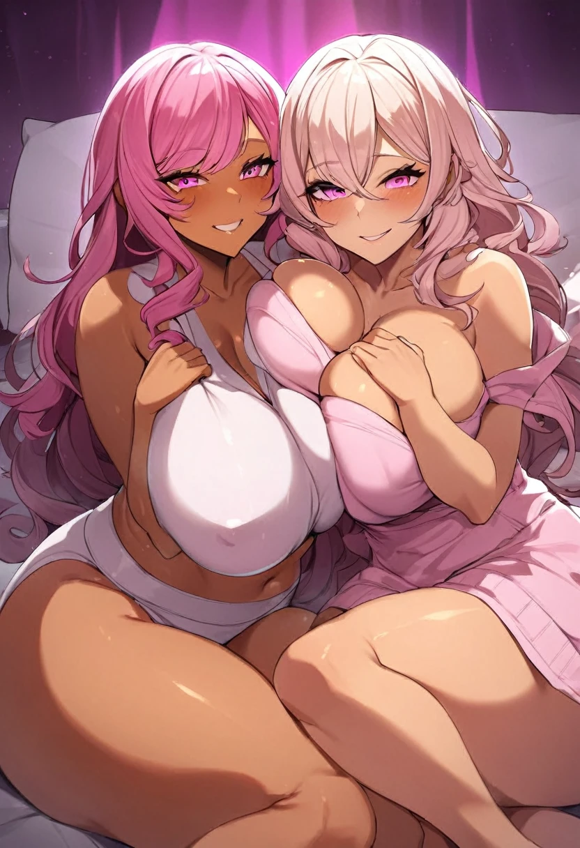 [4k digital art!!],2 curvy gyaru lying side by side,tanned gyarus,at home,dark pink light,naughty smile,breast milk